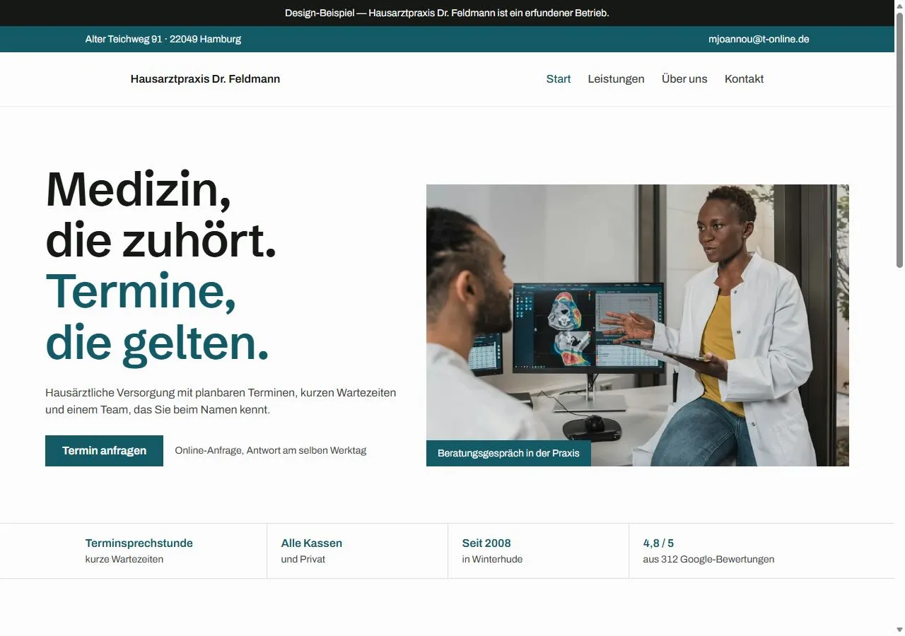 Startseite der Demo „Hausarztpraxis Dr. Feldmann“