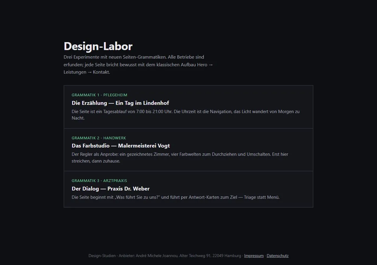 Startseite des Design-Labors mit drei Seiten-Grammatiken