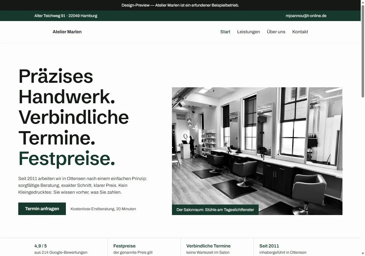 Startseite der Design-Studie „Atelier Marlen — Präzision“