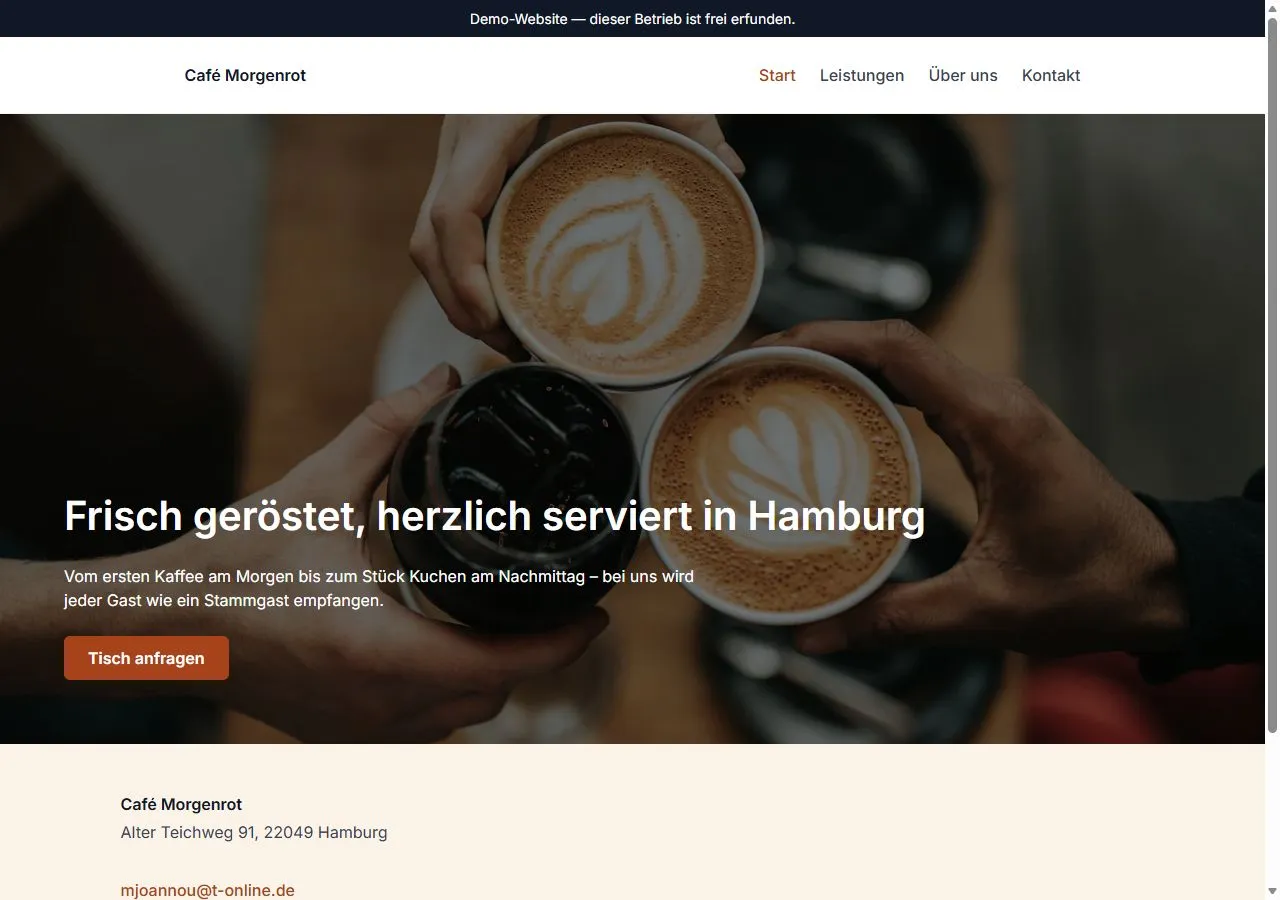 Startseite der Demo „Café Morgenrot“